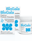 BioGaia Gastrus probiotic chewables bottle beside two white boxes with blue BioGaia logo