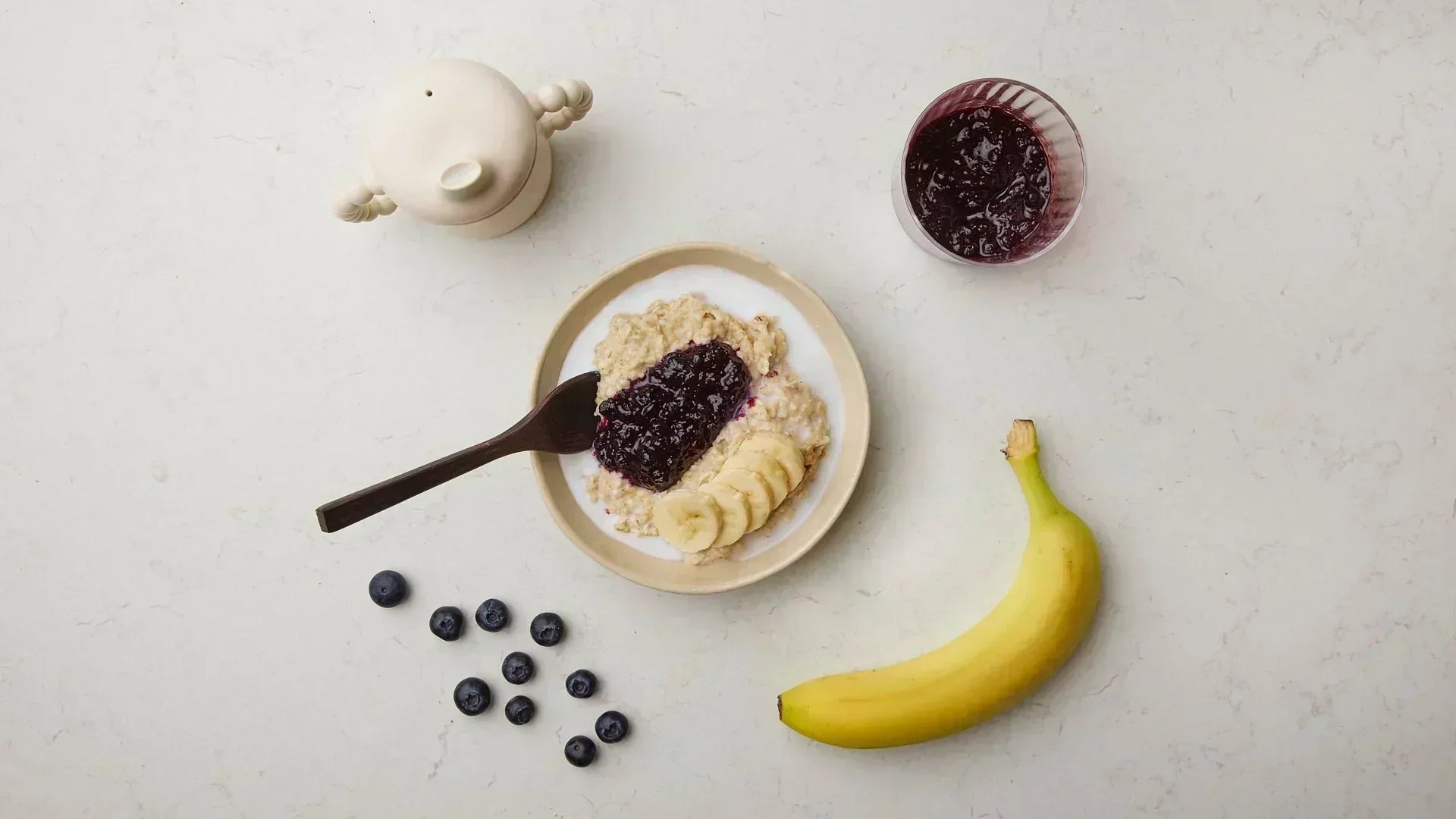 Baby banana oatmeal with chia jam
