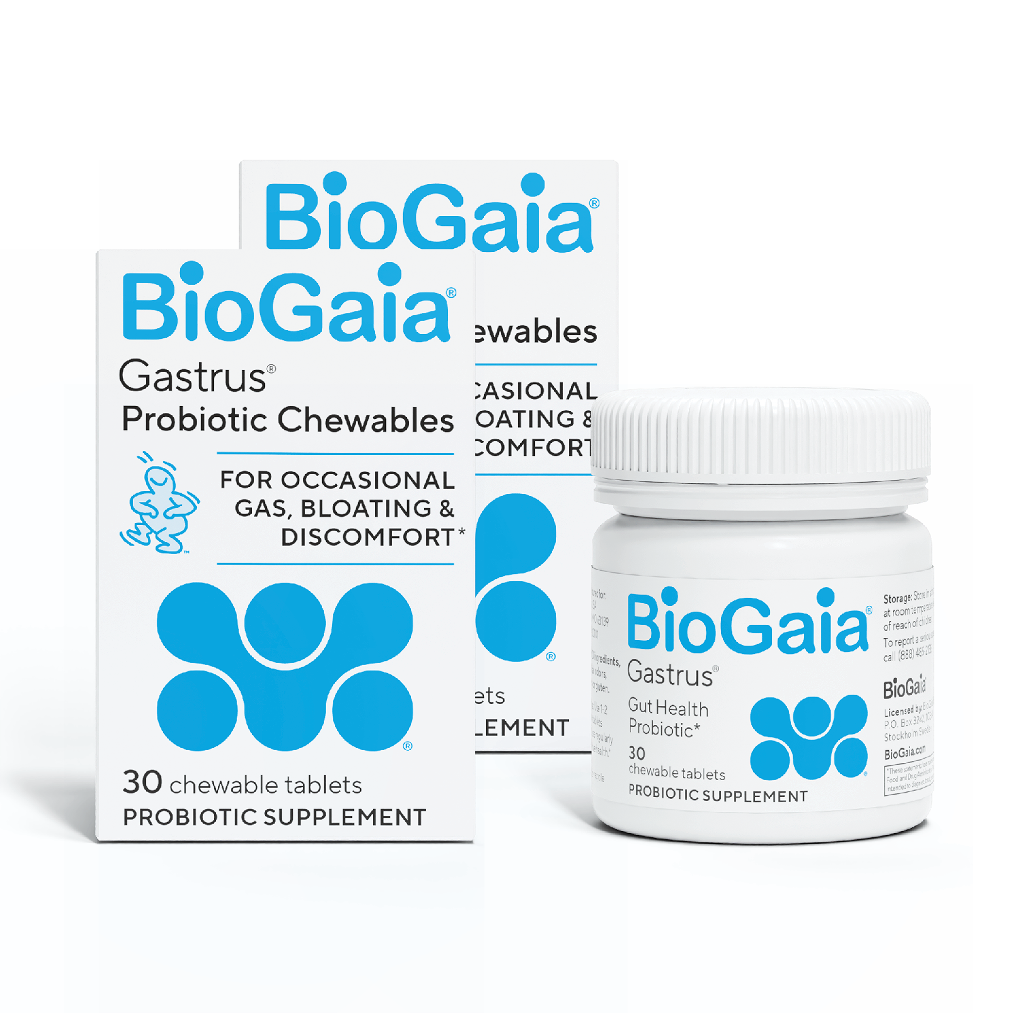 BioGaia Gastrus probiotic chewables bottle beside two white boxes with blue BioGaia logo
