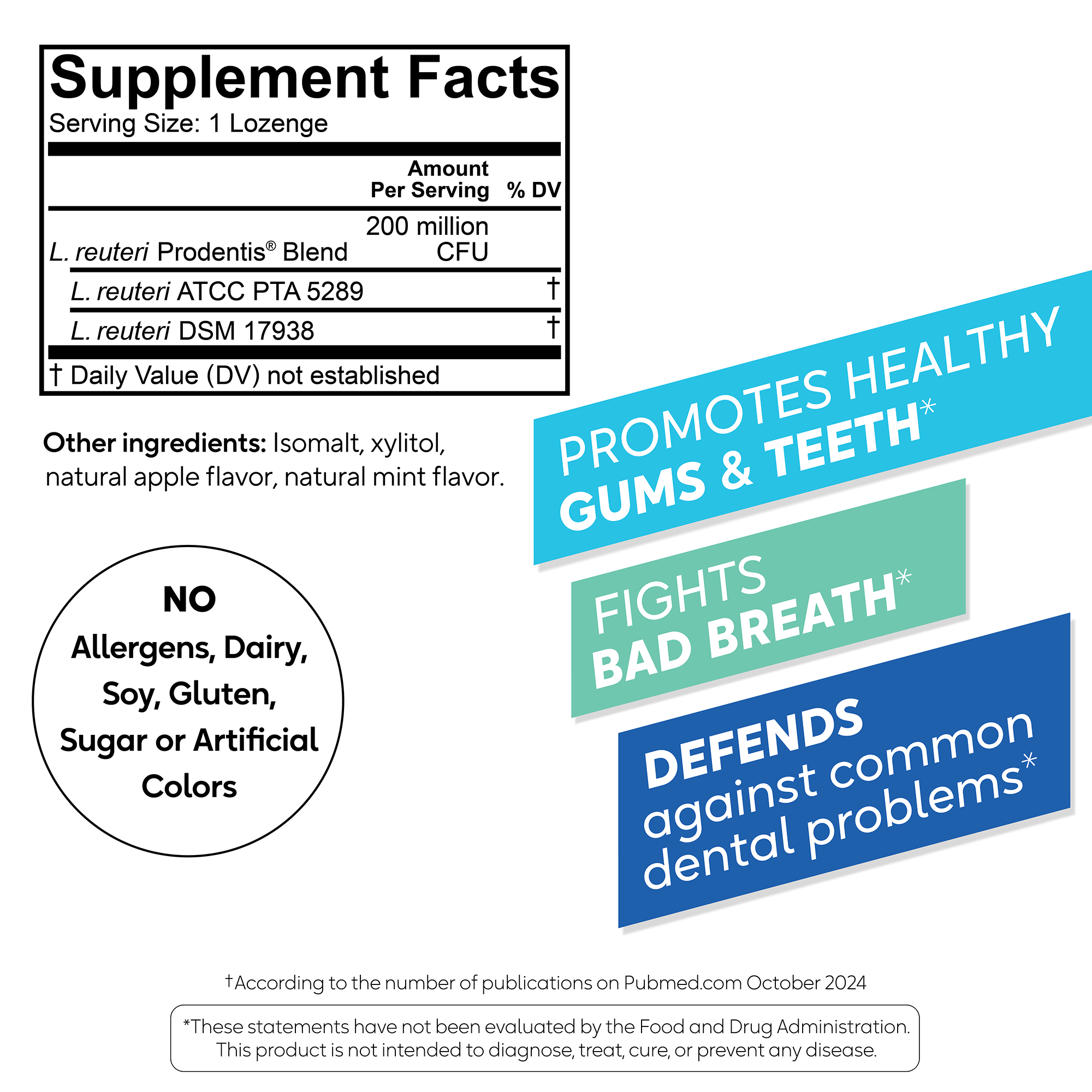Three pack BioGaia Prodentis probiotic lozenges packaging with a supplement facts panel and dental health claims
